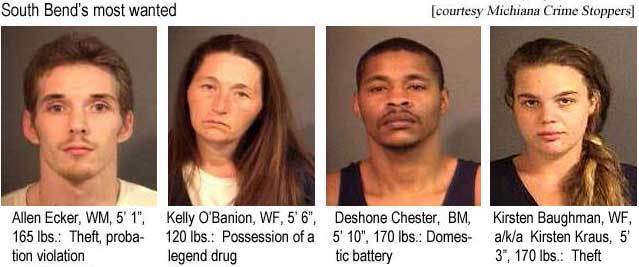 allendes.jpg South Bend's most wanted: Allen Ecker, WM, 5'1", 165 lbs, theft, probation violation; Kelly O'Banion, WF, 5'6", 120 lbs, possession of a legend drug; Deshone Chester, BM, 5'10", 170 lbs, domestic battery; Kirsten Baughman, WF, a/k/a Kirsten Kraus, 5' 3", 170 lbs, theft (Michiana Crime Stoppers)