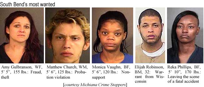 amymatth.jpg South Bend's most wanted: Amy Gulbranson, WF, 5'5", 155 lbs, fraud, theft; Matthew Church, WM, 5'6", 125 lbs, probation violaation; Monica Vaughn, BF, 5'6", 120 lbs, nonsupport; Elijah Robinson, BM, 32, warrant from Wisconsin; Reka Phillips, BF, 5'10", 170 lbs, leaving the scene of a fatal accident (Michiana Crime Stoppers)