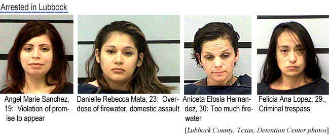 Arrested in Lubbock: Angel Marie Sanchez, 19, Violation of promise to appear; Danielle Rebecca Mata, 23, overdose of firewater, domestic assault; Aniceta Elosia Hernandez, 30, too much firewater; Felicia Ana Lopez, 29, criminal trespass (Lubbock County, Texas. Deterntion Center photos)