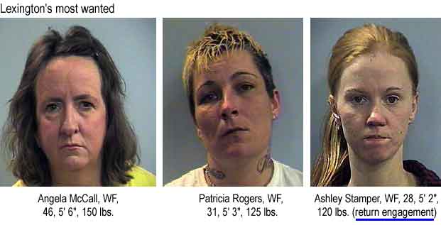 Lexington's most wanted: Angele McCall, WF, 46, 5'6", 150 lbs; Patricia Rogers, WF, 31, 5' 3", 125 lbs; Ashley Stamper, WF, 28, 5'2", 120 lbs (return engagement)