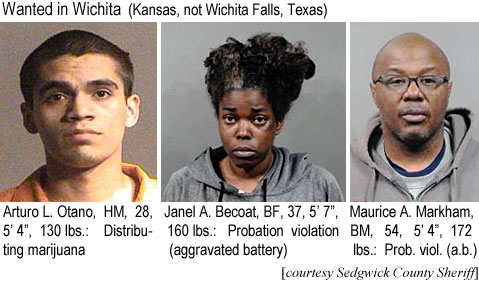 arturoot.jpg Wanted in Wichita (Kansas, not Wichita Falls, Texas): Arturo L. Otano, HM, 28, 5'4", 130 lbs, distributing marijuana; Janel A. Becoat, BF, 37, 5'7", 160 lbs, probation violation (aggravated battery); Maurice A. Markham, BM, 54, 5'4", 172 lbs, prob. viol. (a.b.) (Sedgwick County Sheriff)