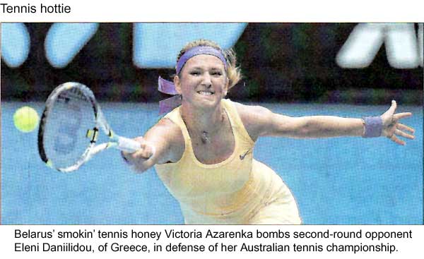 Tennis hottie: Belarus' smokin' tennis honey Victoria Azarenka bombs second-round opponent Eleni Daniilidou, of Greece, in defense of her Australian tennis championship
