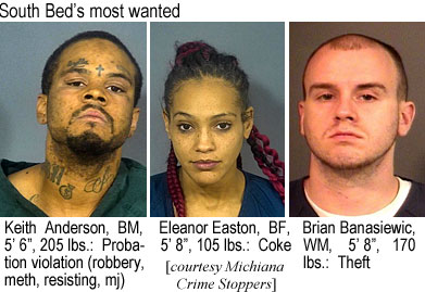 banasiev.jpg South Bend's most wanted: Keith Anderson, BM, 5'6" 205 lbs, probation violation (robbery, meth, resisting, mj); Eleanor Easton, BF, 5'8", 105 lbs, coke; Brian Banasiewic, WM, 5'8", 170 lbs, theft (Michiana Crime Stoppers)