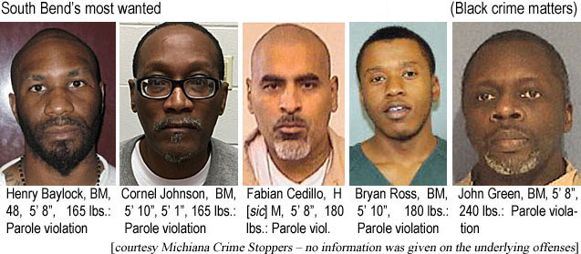 baylockr.jpg South Bend's most wanted (Black crime matters): Henry Baylock, BM, 48, 5'8", 165 lbs, probation violation; Cornel Johnson, BM, 5'10", 5'1", 165 lbs, parole violation; Fabian Cedillo, H[sic]M, 5'8", 180 lbs, parole viol.; Bryan Ross, BM, 5'10", 180 lbs, parole violation; John Green, BM, 5'8", 240 lbs, parole violationn (Michiana Crime Stoppers - no onformation on the underlying offenses was given)