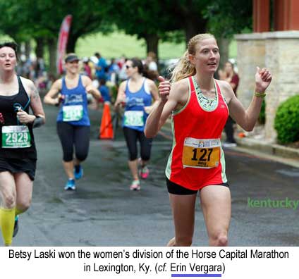 Betsy Laski won the women's division of the Horse Capital Marathon in Lexington, Ky. (cf. Erin Vergara)