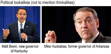 Political lookalikes (not to mention thinkalikes): Matt Bevin, new governor of Kentucky; Mike Huckabee, former governor of Arkansas