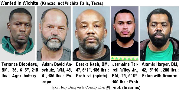bloodsaw.jpg Wanted in Wichita (Kansas, not Wichita Falls, Texas): Terrance Bloodsaw, BM, 35, 6'3", 215 lbs, aggr. battery; Adam David Anschutz, WM, 45, 6', 185 lbs, escape; Dereke Nash, BM, 47, 5'7", 185 lbs, prob. vi. (opiate); Jermaine Terrell Wiley Jr., BM, 25, 5'6", 160 lbs, prob. viol. (firearms); Aramis Harper, BM, 42, 5'10", 200 lbs, felon with firrearm (Sedgwick County Sheriff)
