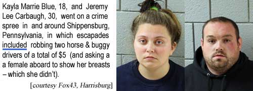 Kayla Marrie Blue, 18, and Jeremy Lee Carbaugh, 30, went on a crime spree in and around Shippensburg, Pennsylvania, in which escapades included robbing two horse and buggy drivers of a total of $5 (and asking a female aboard to show her breasts, which she didn't) (Fox43 Harrisburg)