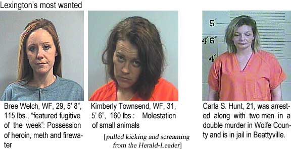 Lexington's most wanted: Bree Welch, WF, 29, 5'8", 115 lbs, "featured fugitive of the week," possession of heroin, meth and firewater; Kimberly Townsend, WF, 31, 5'6", 160 lbs, molestation of small animals; Carla S. Hunt, 21, was arrested along with two men in a double murder in Wolfe County and is in jail in Beattyville (pulled kicking and screaming from the Herald-Leader)