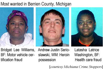 Most wanted in Berrien County, Michigan: Bridget Lee Williams, BF, motor vehicle certification fraud; Andrew Justin Serioslawski, WM, heroin possession; Latasha Latrice Washington, BF, health care fraud (Michiana Crime Stoppers)