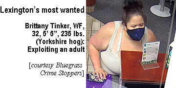 britinkr.jpg Lexington's most wanted: Brittany Tinker, WF, 32, 5'5", 210 lbs (Yorkshire Hog), an adult (Bluegrass Crime Stoppers)
