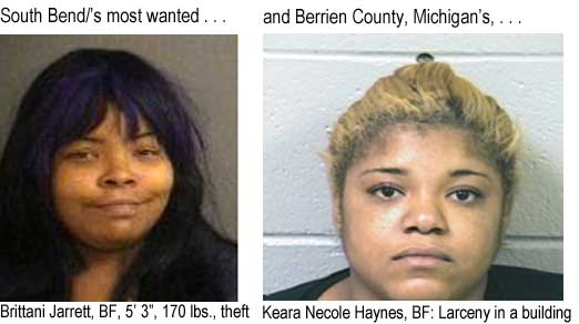 South Bend's most wanted: Brittani Jarrett, BF, 5'3", 170 lbs, theft; and Berrien County, Michigan's, Keara Necole Haynes, BF, larceny in a building (Michiana Crime Stoppers)