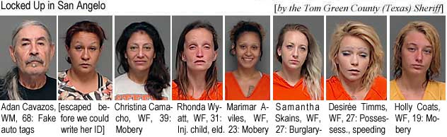 camachzo.jpg Locked up in San Angelo (by the Tom Green County, Texas, Sheriff): Adan Cavazos, WM, 68, fake auto lic.; [escaped before we could write her ID]; Crhistina Camacho, WF, 39, mobery; Rhonda Wyatt, WF, 31, inj. child, eld.; Marimar Aviles, WF, 23, mobery; Samantha Skains, WF, 27, burglary; Desire Timms, WF, 27, possession, NOL; Holly Coats, WF, 19, mobery
