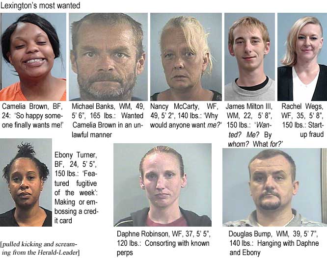 camedoug.jpg Lexington's most wanted: Camelia Brown, BF, 24, 'so happy someone finally wants me!'; Michael Banks, WM, 49, 5'6", 165 lbs, wanted Camelia Brown in an unlawful manner; Nancy McCarty, WF, 49, 5'2", 140 lbs, 'why would anyone want me?'; James Milton III, WM, 22, 5'8", 150 lbs, 'wanted? me? By whom? What for?'; Rachel Wegs, WF, 35, 5'8", 150 lbs, start-up fraud; Ebony Turner, BF, 24, 5'5", 'featured fugitive of the week,' making or embossing a credit card; Daphne Robinson, WF, 37, 5'5", 120 lbs, consorting with known perps; Douglas Bump, WM, 39, 5'7", 140 lbs, hanging with Daphne and Ebony (pulled kicking and screaming from the Herald-Leader)