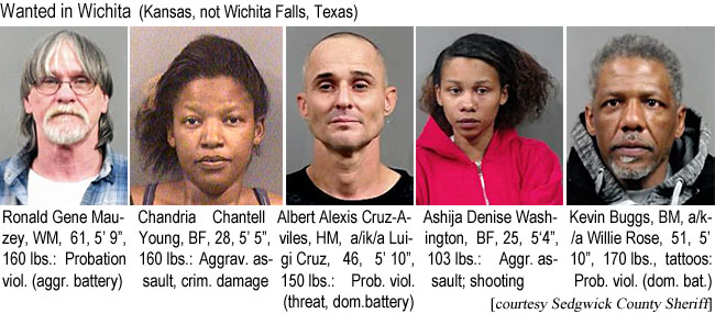 chandria.jpg Wanted in Wichita (Kansas, not Wichita Falls, Texas): Ronald Gene Mauzey, WM, 61, 5'9", 160 lbs, probation viol. (aggr. battery); Chandria Chantell Young, BF, 38, 5'5", 160 lbs, aggrav. assault, crim. damage; Albert Alexis Cruz-Aviles, HM, a/k/a Luigi Cruz, 46, 5'10", 150 lbs, prob. viol. (threat, dom. battery); Ashija Denise Washington, BF, 25, 5'4", 103 lbs, aggr. assault, shooting; Kevin Buggs, BM, a/k/a Willie Rose, 51, 5'10", 170 lbs, tattoos, prob. viol. (dom. bat.) (Sedgwick County Sheriff)