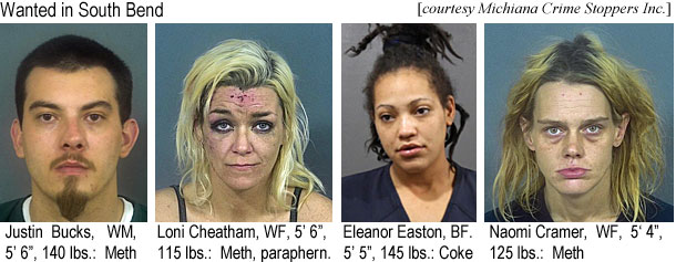 cheatham.jpg South Bend's most wanted: Justin Bucks, WM, 5'6", 140 lbs, meth; Loni Cheatham,WF, 5'6", 115 lbs, Meth, paraphern.; Eleanor Easton, BF, 5'5", 145 lbs, coke; Naomi Cramer, WF, 5'4", 125 lbs, meth (Michiana Crime Stoppers Inc.)