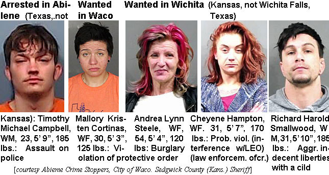 cheyeneh.jpg Arrested in Abilene (Texas, not Kansas): Timothy Michael Campbell, WM, 23, 5'9", 185 lbs, assault on police; Wanted In Waco: Mallory Kristen Cortinas, WF, 30, 5'3", 125 lbs, violation of protectiveorder; Wanted in Wichita (Kansas, not Wichita Falls, Texas): Andrea Lynn Steele, WF, 54, 5'4", 120 lbs, burglary; Cheyene Hampton, WF, 31, 5'7', 170 lbs, probviol (interference w/LEO) (law enforcem. ofcr.); Richard Harold Smallwood, WM, 31, 5'10", 185 lbs, aggr indecent liberties with a child (Abilene Crime Stoppers, City of Waco,Sedgwick County (Kans.) Sheriff