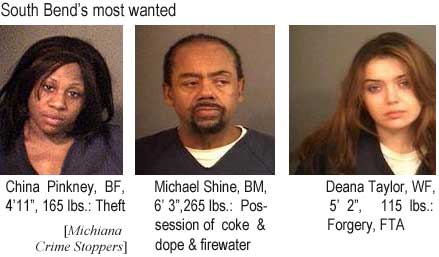 South Bend's most wanted: China Pinkney, BF, 4'11", 165 lbs, Theft; Michael Shine, BM, 6'3", 265 lbs, possession of coke & dope & firewater; Deana Taylor, WF, 5'2", 115 lbs, forgery, FTA (Michiana Crime Stoppers)
