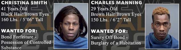 chrischa.jpg Christina Smith, 41, black hair, brown eyes, 160 lbs, 5'6", bond forf, possession of controlled substance; Charles Manning, 29, brown (red) hair, brown eyes, 150 lbs, 6'2", surety off bond, burglary of a habitation