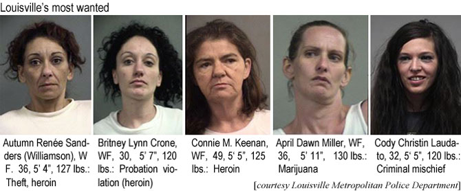 claudato.jpg Louisville'a most wanted: Autumn Renée Sanders (Williamson), WF, 36, 5'4", 127 lbs, theft, heroin; Britney Lynn Crone, WF, 30, 5'7", 120 lbs, probation violation (heroin); Connie M. Keenan, WF, 49, 5'5", 125 lbs, heroin; April Dawn Miller, WF, 36, 5'11", 130 lbs, marijuana; Cody Christin Laudato, 32, 5'5", 120 lbs, criminal mischief (Louisille Metropolitan Police Department)