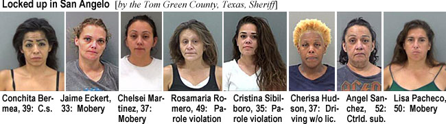 conchita.jpg Locked up in San Angelo (by the Tom Green County, Texas, Sheriff): Conchita Bermea, 39, c.s.; Jaime Eckert, 33, mobery; Chelsei Martinez, 37, mobery; Rosamaria Romero, 49, parole violation; Cristina Sibilboro, 35, parole violation; Cherisa Hudson, 37, driving w/o lic.; Angel Sanchez, 52, ctrld. sub.; Lisa Pacheco, 50, mobery