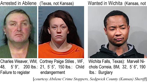 cortneyj.jpg Arrested in Abilene: Charles Weaver, WM, 48, 5'9", 200 lbs, failure to register; Cortney Paige Stiles, WF, 21, 5'6", 150 lbs, child endangerment; Wanted in Wichita (Kansas, not Wichita Falls, Texas): Marvell Nichols Correia, BM, 32, 5'6", 190 lbs, burglary (Abilene Crime Stoppers, Sedgwick County Kansas Sheriff)