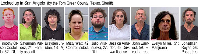 costello.jpg Locked up in San Angelo (by the Tom Green County, Texas, Sheriff): Timothy Olson-Costello, 32, DUI; Savannah Valdez, 24, family assault; Brrayden Jividen, 18, mj; Misty Watt, 42, control. subst.; Julio Villanueva, 27, DUI; Jessica Amador, 35, Driv. w/o license; John Earnest, 59, evad. arrest; Evelyn Miller, 51, marijuana; Jonathan Reyes, 36, poss.,tres.