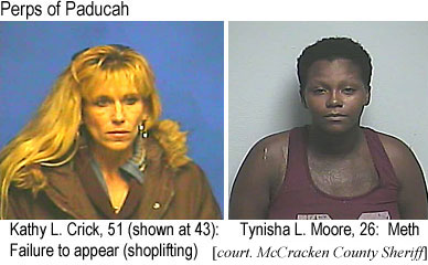 crickett.jpg Perps of Paducah: Kathy Crick, 51 (shown at 43), failure to appear (shoplifting); Tynisha L. Moore, meth (McCracken County Sheriff)