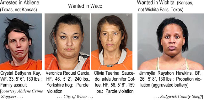 crystalb.jpg Arrested in Abilene (Texas, not Kansas): Crystal Bettyann Kay, WF, 33, 5'6", 130 lbs, family assault; Wanted in Waco: Veronica Raquel Garcia, HF, 46, 5'2", 240 lbs, Yorkshire hog, parole violation; Olivia Tuerina Saucedo, a/k/a Jennifer Coffee, HF, 56, 5'6", 159 lbs, parole violation; Wanted in Wichita (Kansas, not Wichita Falls, Texas): Jimmylla Rayshon Hawkins, BF, 26, 5'8", 130 lbs, parole violation (aggravated battery) (Abilene Crime Stoppers, City of Waco, Sedgwick County Sheriff)