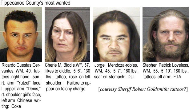 cuestasro.jpg Tippecanoe County's most wanted: Roberto Cuestas Cervantes, WM, 40, tattoos right hand, sun, rt. arm "Yutzel" face, l. upper arm "Denis," rt. shoulder girl's face, left arm Chinese writing, coke; Cherie M. Biddle, WF, 57, likes to diddle, 5'6", 130 lbs, tattoo, rose on left shoulder, failure to appear on felony charge; Jorge Mendoza-robles, WM, 45, 5'7", 160 lbs, scar on stomach, DUI; Stephen Patrick Loveless, WM, 5'10", 180 lbs, tattoos on left arm, FTA (Sheriff Robert Goldsmith; tattoos?)