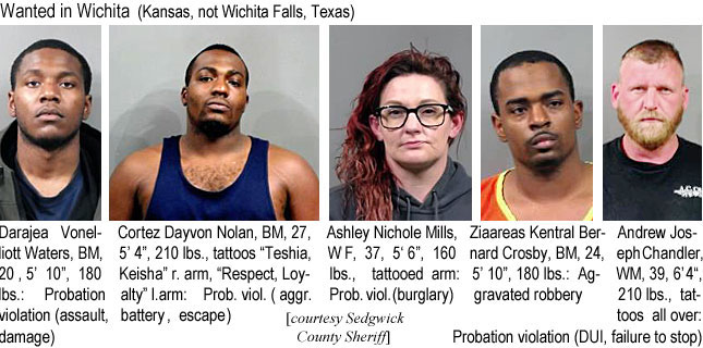 darajeav.jpg Wanted in Wichita (Kansas, not Wichita Falls, Texas): Darajea Vonelliott Waters, BM, 20, 5'10", 180 lbs, probation violation (assault, damage); Cortez Dayvon Nolan, BM, 27, 5'4", 210 lbs, tattoos "Teshia, Keisha" r. arm, "Respect, Loyalty" l. arm, Prob. viol. (aggr. battery, escape); Ashley Nichole Mills, WF, 37, 5'6", 160 lbs, tattooed arm, prob. viol. (burglary; Ziarreas Kental Bernard, Crosby, BM, 24, 5'10", 180 lbs, aggravated robbery; Andrew Joseph Chandler, WM, 39, 6'4", 210 lbs, tattoos all over, probation violation (DUI, failure to stop) (Sedgwick County Sheriff)