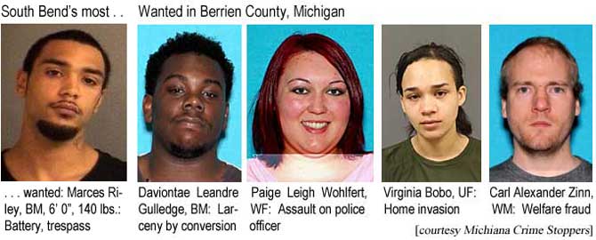 daviolee.jpg South Bend's most wanted: Marces Riley, BM, 6'0", 140 lbs, battery, trespass; Wanted in Berrien County, Michigandaviolee.jpg Wanted in Berrien County, Michigan: Daviontae Leandre Gulldge, BM, larceny by conversion; Paige Lee Wohlfert, WF, assault on police officer; Virginia Bobo, UF, home invastion; Carl Alexander Zinn, WM, welfare fraud (Michiana Crime Stoppers)