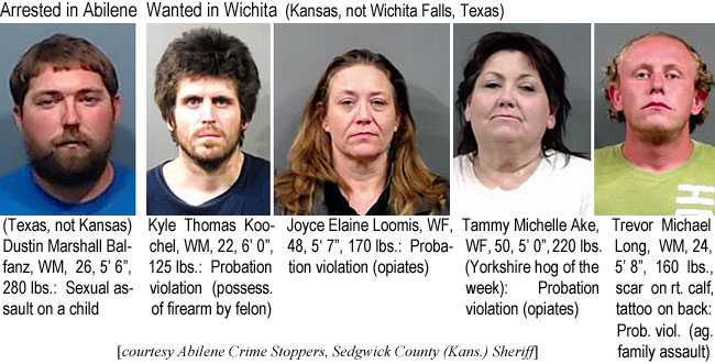 dbalfanz.jpg Arrested in Abilene (Texas, not Kansas): Dustin Marshall Balfanz, WM, 26, 5'6", 280 lbs, sexual assault on a child; Wanted in Wichita (Kansas, not Wichita Falls, Texas): Kyle Thomas Koochel, WM, 22, 6'0", 125 lbs, probation violation (possess. of firearm by felon); Joyce Elaine Loomis, WF, 48, 5'7", 170 lbs, probation violation (opiates); Tammy Michelle Ake, WF, 50, 5' 0", 220 lbs (Yorkshire hog of the week), probation violation (opiates); Trevor Michael Long, WM, 24, 5'8", 160 lbs, scar on rt. calf, tattoo on back, prob. viol. (ag. family assault) (Abilene Crime Stoppers, Sedgwick County Kans. Sheriff)
