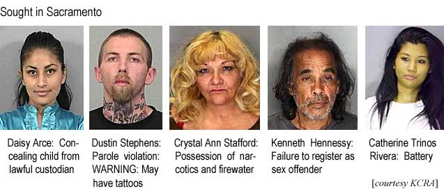 Sought in Sacramento: Daisy Arce, concealing child from lawful custodian; Dustin Stephens, parole violation, warning, may have tattoos; Crystal Ann Stafford, possession of narcotics and firewater; Kenneth Hennessy, failure to register as sex offender; Catherin Trinos rivera, battery (KRCA)