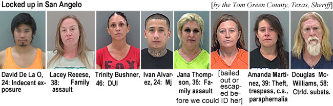 deladavo.jpg Locked up in San Angelo (by the Tom Green County, Texas, Sheriff): David De La O, 24, indecent exposure; Lacey Reese, 38, family assault; Trinity Bushner, 46, DUI; Ivan Alvarez, 24, mj; Jana Thompson, 36, family assault; [bailed out or escaped before we could ID her]; Amanda Martinez, 39, theft, trespass, c.s., paraphernalia; Douglas McWilliams, 58, ctrld. substs.