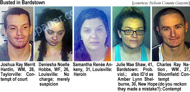 deniesha.jpg Locked up Bardstown (Nelson County Gazette): Joshua Ray Merrit Hardin, WM, 28, Taylorville, contempt of court; Deniesha Noelle Hobbs, WF, 26, Louisville, no charge, merely suspicion; Samantha Renée Ankeny, 31, Louisville, heroin; Julie Mae Shaw, 41, Bardstown, prob. viol.; also ID'd as Amber Lynn Shelburne, 30, New Hope (do you reckon they made a mistake?), contempt; Charles Ray Nation, WM, 27, Bloomfield, contempt