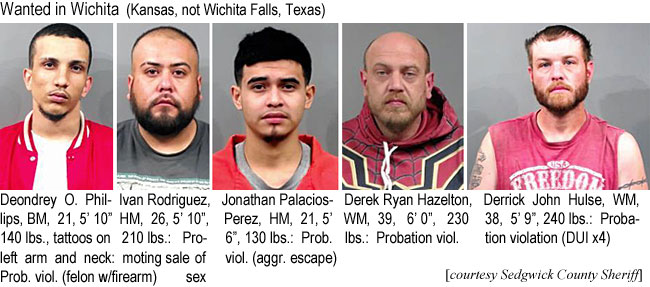 deondrey.jpg Wanted in Wichita (Kansas, not Wichita Falls, Texas): Deondrey O. Phillips, BM ,21, 5'10", 140 lbs, tattoos on left arm and neck, prob. viol. (felon w/firearm); Ivan Rodriguez, HM, 26, 5'10", 210 lbs, promoting sale of sex; Jonathan Palacios-Perez, HM, 21, 5'6", 130 lbs, prob. viol. aggr. escape); Derek Ryan Hazelton, WM, 39, 6'0", 230 lbs, probation viol.; Derrick John Hulse, WM, 38, 5'9", 240 lbs, probation violation (DUIx4) (Sedgwick County Sheriff)