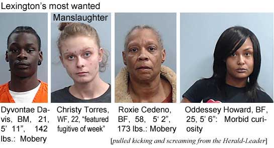 dyvontae.jpg Lexington's most wanted: Dyvontae Davis, BM, 21, 5'11", 142 lbs, mobery; Manslaughter: Christy Torres, WF, 22, "featured fugitive of week"; Roxie Cedeno, BF, 58, 5'2", 173 lbs, mobery; Oddessey Howard, BF, 25, 5'6', morbid curiosity (pulled kicking and screaming from the Herald-Leader)