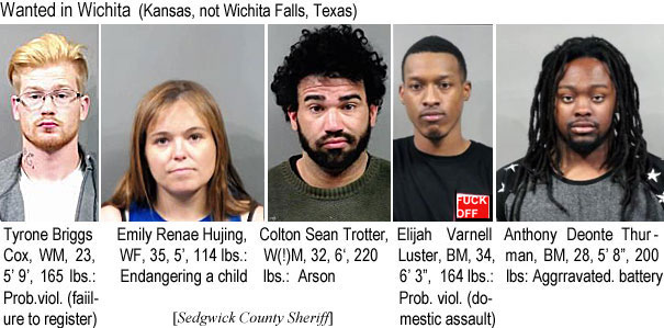 emilyren.jpg Wanted in Wichita (Kansas, not Wichita Falls,Texas): Tyrone Briggs Cox, WM, 23, 5'9", 165 lbs, prob, viol. (failure to register); Emily Renae Hujing, WF, 35, 5', 114 lbs, endangering a child; Colton Sean Trotter, W(!)M, 32, 6', 220 lbs, arson; Elijah Varnell Luster, BM, 34, 6'3", 164 lbs, prob. viol. (domestic assault); Anthony Deonte Thurmann, BM, 28, 5'8", 200 lbs, aggravated battery (Sedgwick County Sheriff)