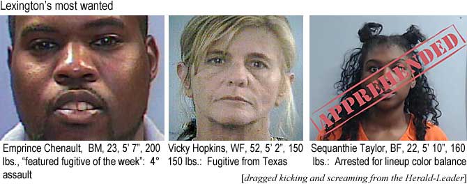 emprince.jpg Lexington's most wanted: Emprince Chenault, BM, 23, 5'7" 200 lbs, featured fugitive of the week, 4° assault; Vicky Hopkins, WF, 52, 5'2", fugitive from Texas; Sequanthie Taylor, BF, 22, 5'10", 160 lbs, arrested for lineup color balance (dragged kicking and screaming from the Herald-Leader)