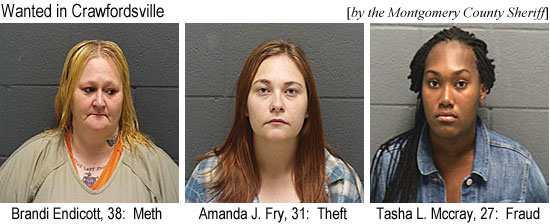 endicott.jpg Wanted in Crawfordsville (by the Montgomery County Sheriff): Brandi Endicott, 38, meth; Amanda J. Fry, 31, theft; Tasha L. Mccray, 27, fraud