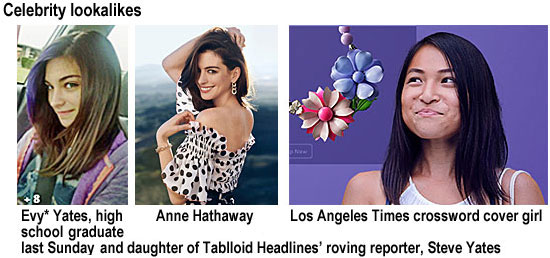 evyceleb.jpg Celebrity lookalikes: Evy* Yates, high school grraudate last Sunday and daughter of Tabloid Headlines' roving reporter, Steve Yates , Anne Hathaway, L.A. Times crossword cover girl