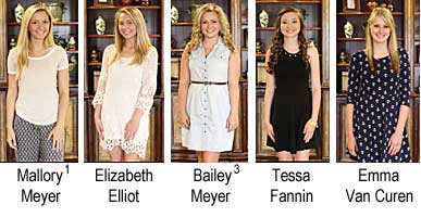 Mallory Meyer (first runner-up),  Elizabeth Elliot, Bailey Meyer (third runner-up), Tessa Fannin, Emma Van Curen
