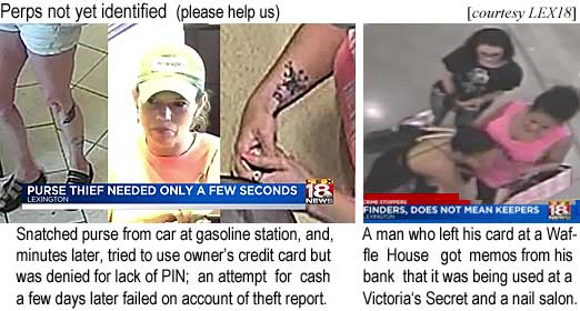 findkeep.jpg Purse thief needed only a few seconds, snatched purse from car at gasolin station, and, minutes later, tried to use owner's credit car bu was denied for lack of PIN, an attempt for cash a few days later failed on account of theft report; Finders does not mean keepers, A man who left his card at a Waffle House got memos from his bank that it was being used at a Victoria's Secret and a nail salon (LEX18)