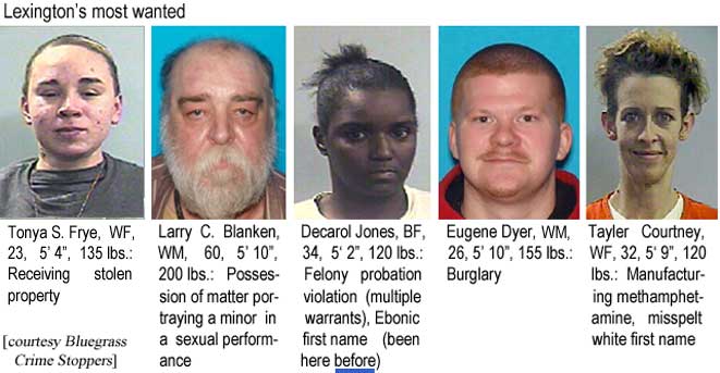 fryetayl.jpg Lexington's most wanted: Tonya S. Frye, WF, 23, 5'4", 135 lbs, receiving stolen property; Larry C. Blanken, WM, 60, 5'10", 200 lbs, possession of matter portraying a minor in a sexual performance; Decarol Jones, BF, 34, 5'2", 120 lbs, felony probation violation (multiple warrants), Ebonic first name (been here before); Eugene Dyer, WM, 26, 5'10", 155 lbs, burglary; Tayler Courtney, WF, 32, 5'9", 120 lbs, manufacturing methamphetamine, misspelt white first name (Bluegrass Crime Stoppers)