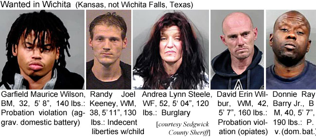garfmaur.jpg Wanted in Wichita (Kansas, not Wichita Falls, Texas): Garfield Maurice Wilson, BM, 32, 5'8", 140 lbs, probation violation (aggrav. domestic battery); Randy Joel Keeney, WM, 38, 5'11", 130 lbs, indecent liberties w/child; Andrea Lynn Steele, WF, 52, 5'04", 120 lbs, burglary; David Erin Wilbur, WM, 42, 5'7", 160 lbs, probation violation (opiates); Donnie Ray Barry Jr., BM, 40, 5'7", 190 lbs., p.v. (dom. bat.) (Sedgwick County Sheriff)