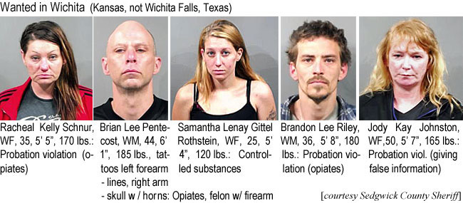 gittelro.jpg Wanted in Wichita (Kansas, not Wichita Falls, Texas): Racheal Kelly Schnur, WF, 35, 5'5", 170 lbs, probation violation (opiates); Brian Lee Pentecost, WM, 44, 6'1" 185 lbs, tattoos left forearm - lines, right arm -skull w/horns, opiates, felon w/firearm; Samanta Lee Gittel Rothstein, WF, 25, 5'4", 120 lbs, controlled substances; Brandon Lee Riley, WM, 36, 5'8", 180 lbs, probation violation (opiates); Jody Kay Johnston, WF, 50, 5'7", 165 lbs, probation viol. (giving false information) (Sedgwick County Sheriff)