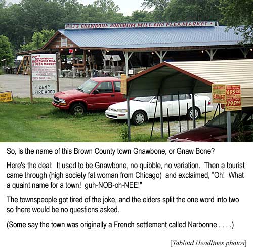 So, is the name of this Brown County town Gnawbone, or Gnaw Bone? Here's the deal. It used to be Gnawbone, no quibble, no variation. Then a tourist came through (high society fat woman from Chicago) and exclaimed, "Oh! What a quaint name for a town! guh-NOB-oh-NEE!" The townspeople got tired of the joke, and the elders split the one word into two so there would be no questions asked. (Some say the town was originally a French settlement called Narbonne . . . .) (Tabloid Headlines photos)