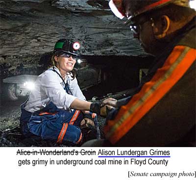 Alice-in-Wonderland's Groin Alison Lundergan Grimes gets grimy in underground coal mine in Floyd County (Senate campaign photo)