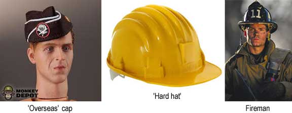 'Overseas' cap; 'Hard hat'; Fireman